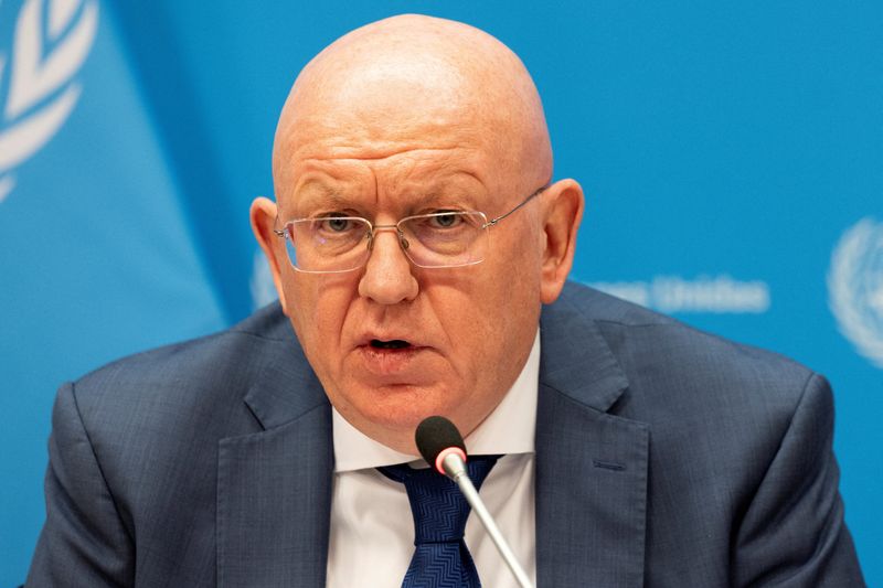 © Reuters. Russia's Ambassador to the United Nations Vassily Nebenzia speaks during a press conference upon Russia assuming the role of President of the U.N. Security Council for the month of July, at the U.N. headquarters in New York City, U.S., July 1, 2024. REUTERS/Caitlin Ochs