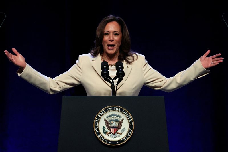 &copy; Reuters. U.S. Vice President Kamala Harris speaks during the Constitutional Convention of UNITE HERE, the nation’s largest hospitality workers' labor union, in New York City, U.S., June 21, 2024.  REUTERS/Brendan McDermid/File Photo