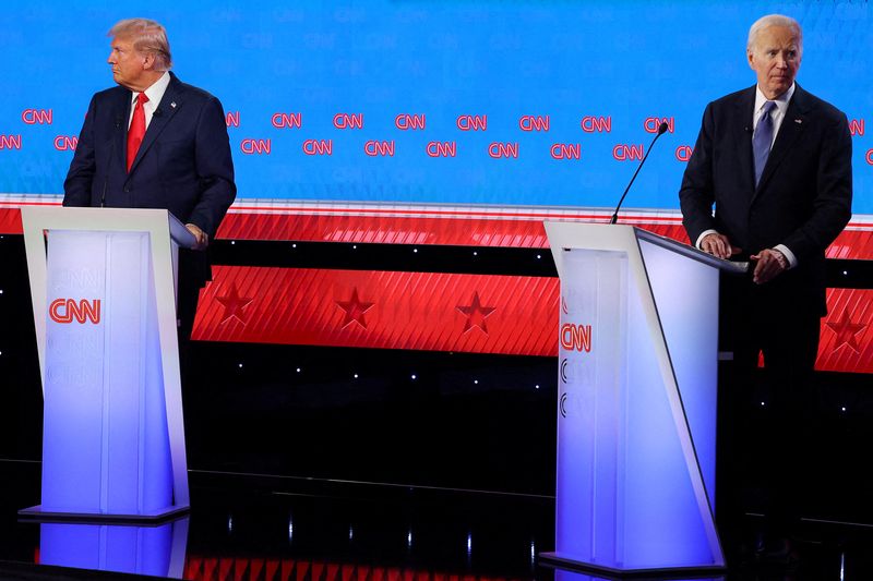 © Reuters. Joe Biden e Donald Trump em debate
 27/6/2024   REUTERS/Brian Snyder