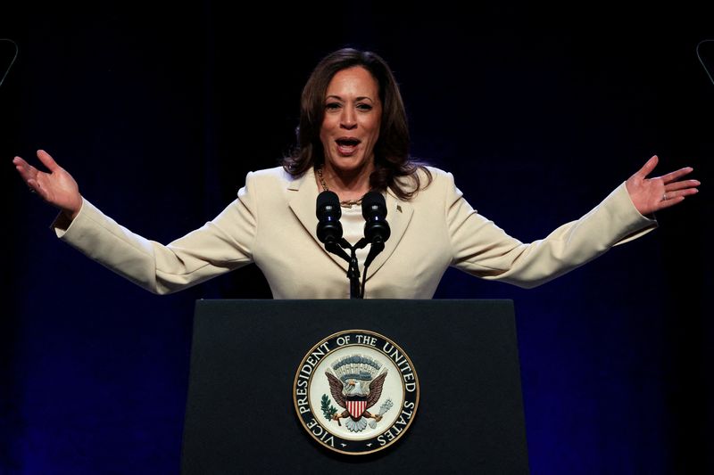 © Reuters. FILE PHOTO: U.S. Vice President Kamala Harris speaks during the Constitutional Convention of UNITE HERE, the nation?s largest hospitality workers' labor union, in New York City, U.S., June 21, 2024.  REUTERS/Brendan McDermid/File Photo