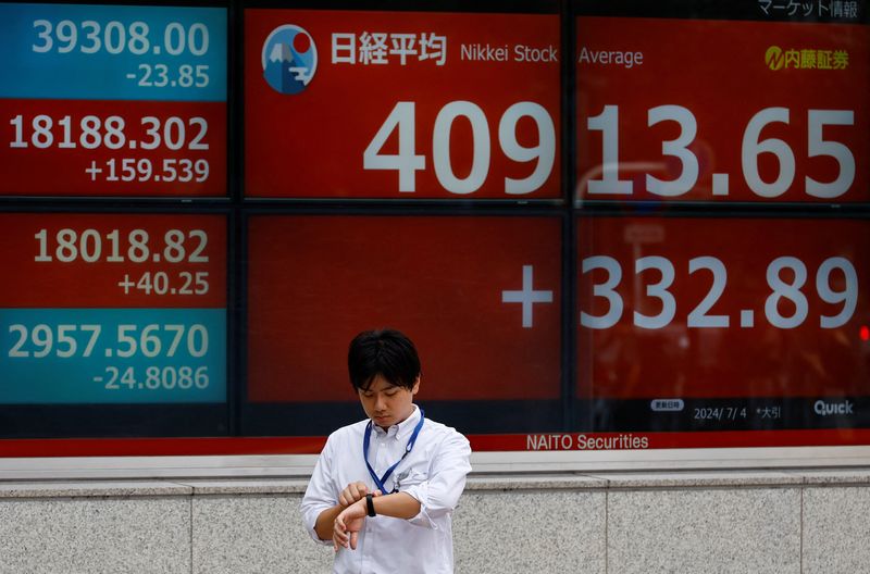 © Reuters. A man stands in front of a monitor displaying Nikkei share average outside a brokerage in Tokyo, Japan, July 4, 2024. REUTERS/Kim Kyung-Hoon/ File Photo