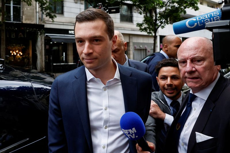 &copy; Reuters. Jordan Bardella, President of the French far-right National Rally (Rassemblement National - RN) party, arrives at the RN party headquarters in Paris, France, July 1, 2024. REUTERS/Benoit Tessier/File Photo