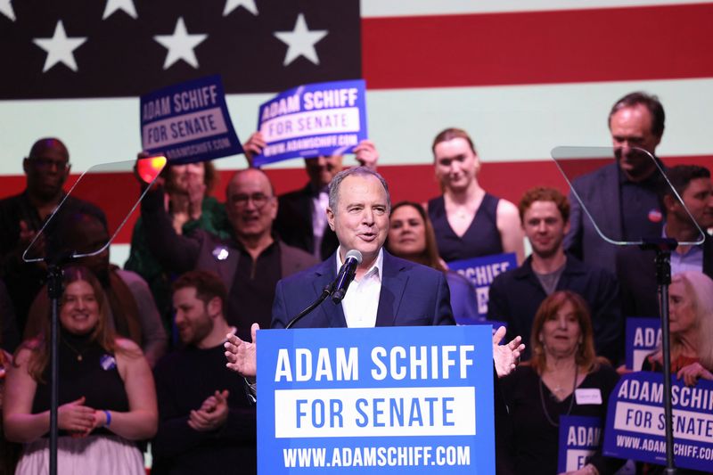 © Reuters. FILE PHOTO: U.S. Representative Adam Schiff (D-CA) speaks during an 'Election Night Party with Adam Schiff' event on the day of the Super Tuesday primary election, at the Avalon Theater in Los Angeles, California, U.S., March 5, 2024. REUTERS/Aude Guerrucci/File Photo