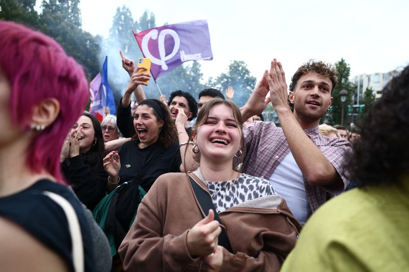 © Reuters. Supporters of French far-left opposition party La France Insoumise (France Unbowed - LFI) react after partial results in the second round of the early French parliamentary elections at Place Stalingrad in Paris, France, July 7, 2024. REUTERS/Yara Nardi