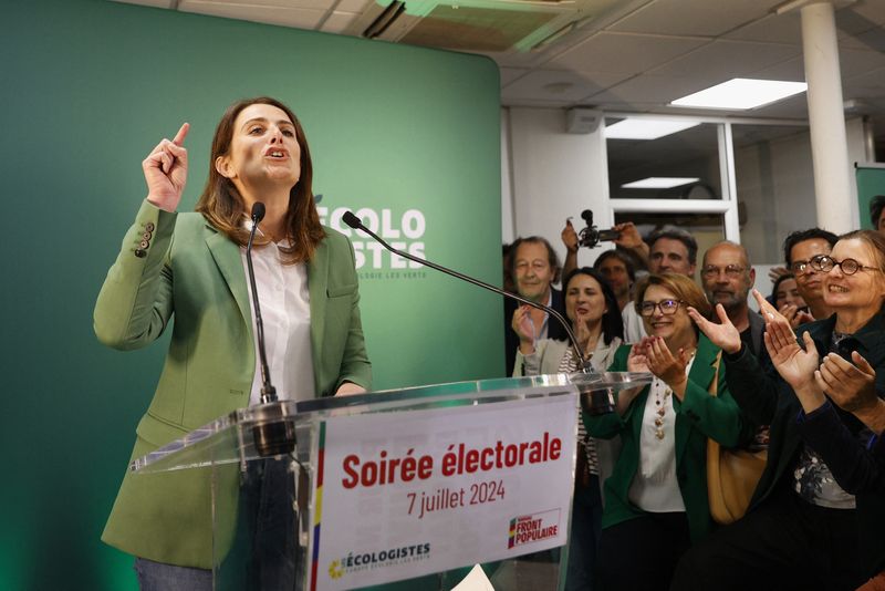 &copy; Reuters. Marine Tondelier, National Secretary of Les Ecologistes (The Ecologists - Greens) party and member of the alliance of left-wing parties, called the "Nouveau Front Populaire" (New Popular Front - NFP) , delivers a speech after partial results in the second