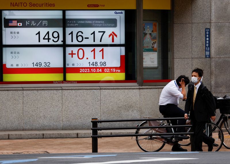 © Reuters. Passersby walk past an electric monitor displaying the Japanese yen exchange rate against the U.S. dollar outside a brokerage in Tokyo, Japan October 4, 2023. REUTERS/Issei Kato/File photo