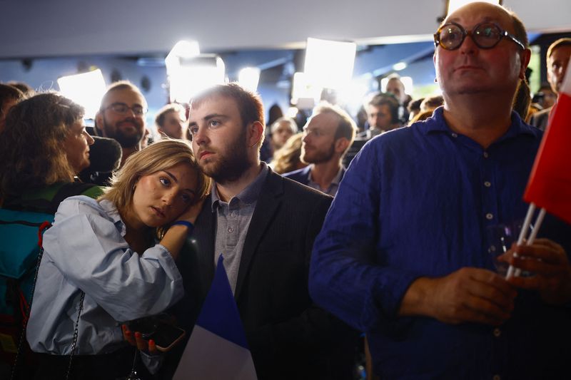 © Reuters. Supporters of the French far-right Rassemblement National (National Rally - RN) party react after partial results in the second round of the early French parliamentary elections, at the RN in Paris, France, July 7, 2024. REUTERS/Sarah Meyssonnier