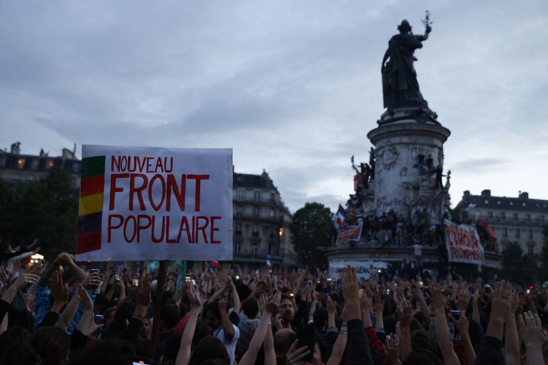 © Reuters. People raise their arms and hands as they gather at the Place de la Republique after partial results in the second round of the early French parliamentary elections, in Paris, France, July 7, 2024. The slogan reads 