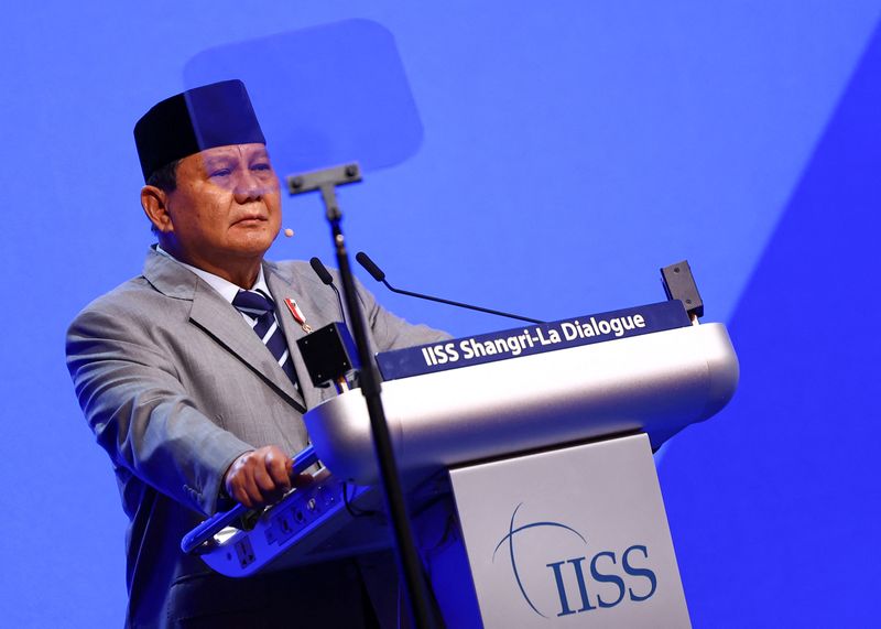 &copy; Reuters. FILE PHOTO: Indonesia’s Defence Minister and President-elect Prabowo Subianto speaks at the Shangri-La Dialogue in Singapore June 1, 2024. REUTERS/Edgar Su/File Photo