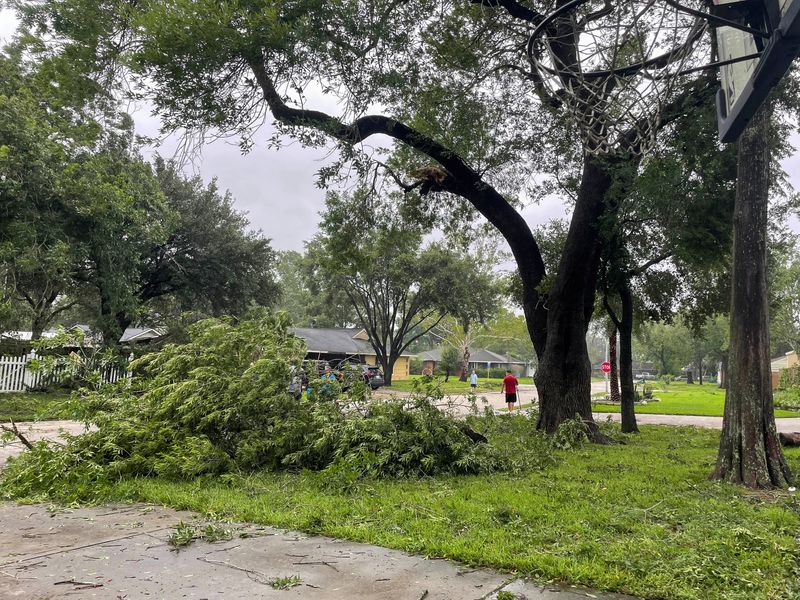 &copy; Reuters. People walk in the Houston's southwestern neighborhood as they remove fallen tree branches and debris after Hurricane Beryl, in Houston, Texas, U.S., July 8, 2024. REUTERS/Marianna Parraga