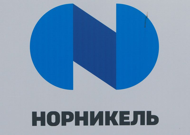 &copy; Reuters. FILE PHOTO: The logo of Russia's miner Norilsk Nickel (Nornickel) is seen on a board at the St. Petersburg International Economic Forum 2017 (SPIEF 2017) in St. Petersburg, Russia, June 1, 2017. Picture taken June 1, 2017. REUTERS/Sergei Karpukhin/File Ph