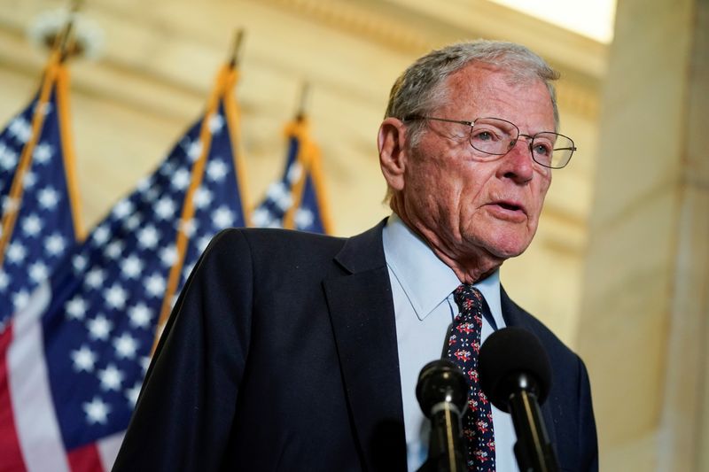 © Reuters. Senator James Inhofe (R-OK) speaks after the Republican caucus policy luncheon on Capitol Hill in Washington, U.S., April 13, 2021. REUTERS/Joshua Roberts/File Photo