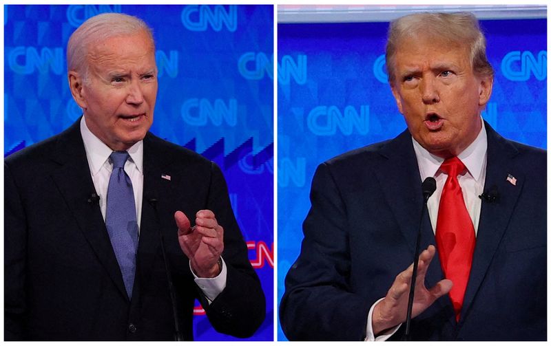 © Reuters. FILE PHOTO: Democratic Party presidential candidate U.S. President Joe Biden and Republican presidential candidate former U.S. President Donald Trump speak during a presidential debate in Atlanta, Georgia, U.S., June 27, 2024 in a combination photo. REUTERS/Brian Snyder/File Photo