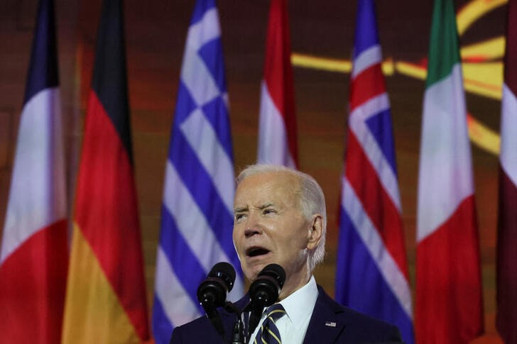 &copy; Reuters. U.S. President Joe Biden delivers remarks at a NATO event to commemorate the 75th anniversary of the alliance, in Washington, U.S., July 9, 2024. REUTERS/Leah Millis