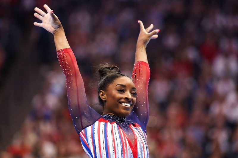 &copy; Reuters. FILE PHOTO: Jun 30, 2024; Minneapolis, Minnesota, USA; Simone Biles celebrates her floor routine during the U.S. Olympic Team Gymnastics Trials at Target Center. Mandatory Credit: Matt Krohn-USA TODAY Sports/File Photo