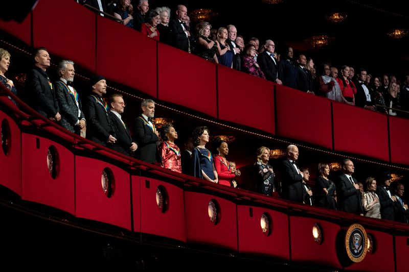 &copy; Reuters. FILE PHOTO: Kennedy Center honorees, U2 band members Adam Clayton, Larry Mullen Jr., The Edge, Bono, actor and filmmaker George Clooney, Cuban-born American composer, conductor and educator Tania Leon, contemporary Christian and pop singer-songwriter Amy 