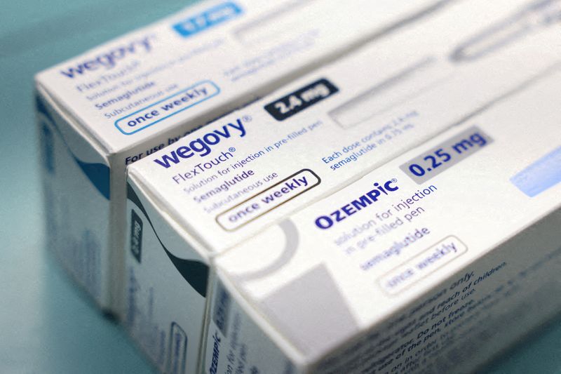 © Reuters. FILE PHOTO: Boxes of Ozempic and Wegovy made by Novo Nordisk are seen at a pharmacy in London, Britain March 8, 2024. REUTERS/Hollie Adams/File Photo