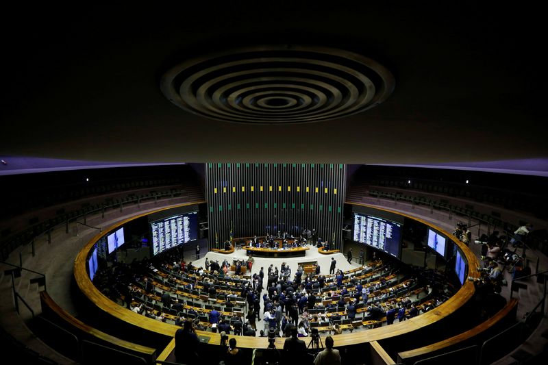 © Reuters. FILE PHOTO: A general view shows the plenary chamber of deputies during a session to elect the new Brazil's Lower House president in the plenary of the House of Representatives in Brasilia Brazil, February 1, 2021. REUTERS/Adriano Machado/File Photo