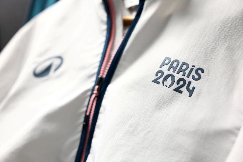 &copy; Reuters. FILE PHOTO: A volunteer team rain jacket for the Paris 2024 Olympic and Paralympic Games designed by the French sports equipment and sportswear company Decathlon is displayed during a media presentation event in Saint-Denis near Paris, France, March 21, 2