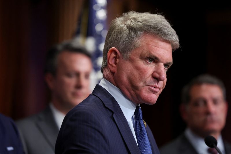 © Reuters. Foreign Affairs Committee Chairman Michael McCaul (R-TX) speaks alongside House Republican impeachment managers and other Senate Republicans during a press conference on the impeachment of U.S. Secretary of  Department of Homeland Security, Alejandro Mayorkas on Capitol Hill in Washington, U.S., April 16, 2024. REUTERS/Amanda Andrade-Rhoades/File photo