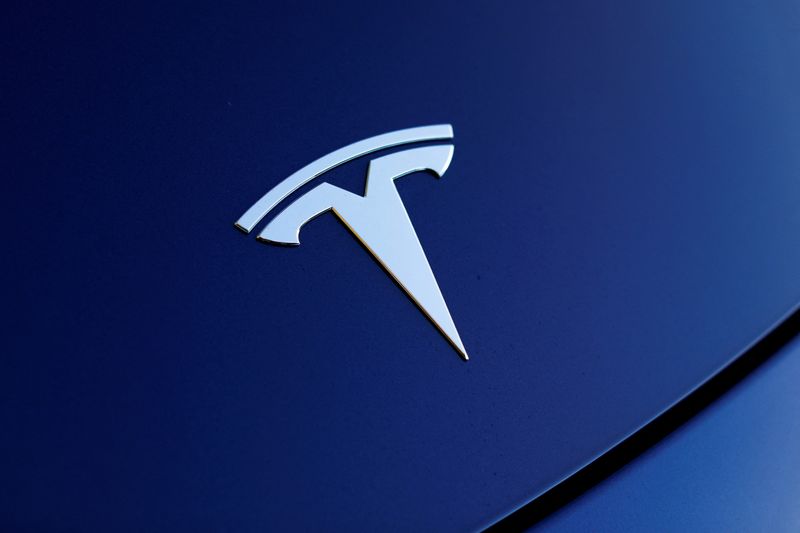 © Reuters. FILE PHOTO: The front hood logo on a 2018 Tesla Model 3 electric vehicle is shown in this photo illustration taken in Cardiff, California, U.S., June 1, 2018. Picture taken June 1, 2018. REUTERS/Mike Blake/File Photo