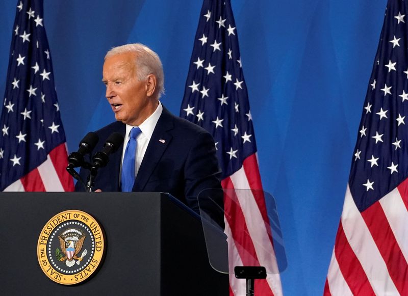 © Reuters. FILE PHOTO: U.S. President Joe Biden holds a press conference during NATO's 75th anniversary summit, in Washington, U.S., July 11, 2024. REUTERS/Nathan Howard/File Photo