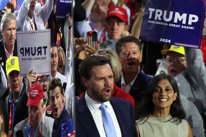 © Reuters. Republican vice presidential candidate J.D. Vance is accompanied by his wife Usha Chilukuri Vance as he arrives for Day 1 of the Republican National Convention (RNC), at the Fiserv Forum in Milwaukee, Wisconsin, U.S., July 15, 2024. REUTERS/Andrew Kelly