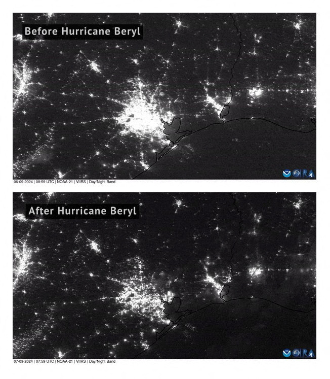 © Reuters. A combo picture shows captured imagery before the power loss across East Texas June 9, 2024, and the power loss following Hurricane Beryl?s landfall, July 9, 2024 in this satellite image. NOAA/Handout via REUTERS   