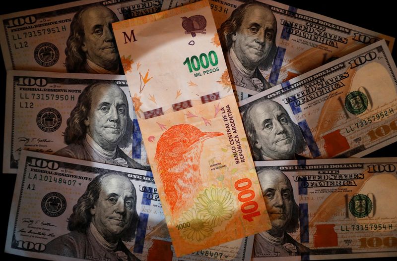 © Reuters. File photo: A one thousand Argentine peso bill sits on top of several one hundred U.S. dollar bills in this illustration picture taken October 17, 2022. REUTERS/Agustin Marcarian/Illustration/File photo