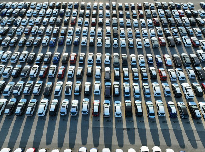 © Reuters. FILE PHOTO: New cars are parked in rows after arriving by ship at Annacis Island in Delta, British Columbia, Canada, July 31, 2023. REUTERS/Chris Helgren/File Photo