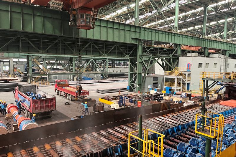 © Reuters. FILE PHOTO: Employees work on the production line at a Baowu Group steel mill in Ezhou, Hubei province, China June 21, 2023. REUTERS/Amy Lv/File Photo