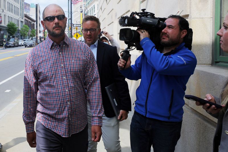 © Reuters. FILE PHOTO: Jack Michael Teixeira arrives for the detention hearing for his son, Jack Douglas Teixeira, the US National Guardsman accused of leaking military secrets, at the federal courthouse in Worcester, Massachusetts, U.S., May 19, 2023. REUTERS/Brian Snyder/File Photo