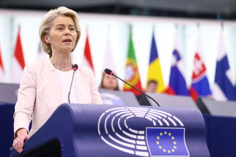 &copy; Reuters. Ursula von der Leyen addresses lawmakers before a vote to choose the next President of the European Commission, at the European Parliament in Strasbourg, France, July 18, 2024. REUTERS/Johanna Geron