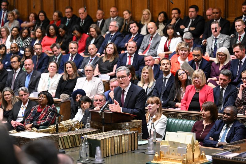 &copy; Reuters. FILE PHOTO: British Prime Minister Sir Keir Starmer speaks during the debate on the King's Speech in the House of Commons Chamber, in London, Britain July 17, 2024, in this handout image. UK Parliament/Handout via REUTERS/File Photo