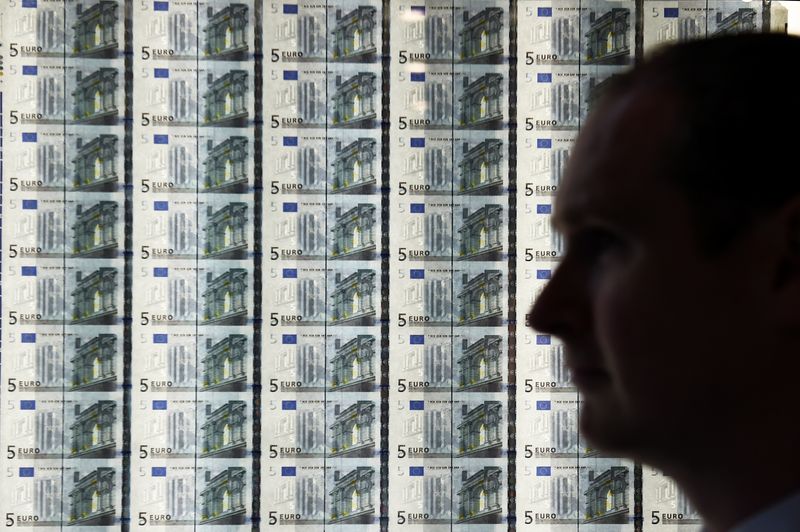 © Reuters. FILE PHOTO: A man is seen in front of a sheet of five Euro notes at the opening of the new Central Bank of Ireland offices in Dublin, Ireland April 24, 2017. REUTERS/Clodagh Kilcoyne/File Photo