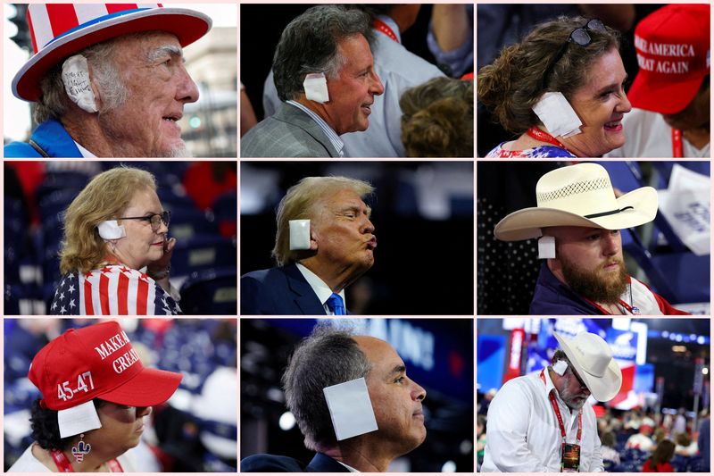 © Reuters. A combination image shows Republican presidential nominee and former U.S. President Donald Trump with a bandaged ear after he was injured in an assassination attempt, and supporters and attendees wearing bandages over their ears in tribute to Trump during the Republican National Convention (RNC) in Milwaukee, Wisconsin, U.S., July 16, 2024 and July 17, 2024. REUTERS/Elizabeth Frantz, Andrew Kelly, Marco Bello, Brian Snyder, and Mike Segar/File Photo     