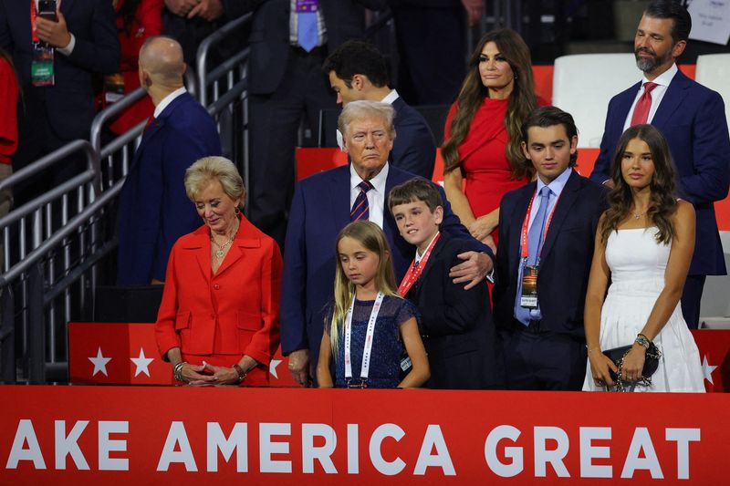 © Reuters. Republican presidential nominee and former U.S. President Donald Trump stands with Kai Trump, Donald Trump III, Spencer Trump and Chloe Trump on Day 3 of the Republican National Convention (RNC), at the Fiserv Forum in Milwaukee, Wisconsin, U.S., July 17, 2024. REUTERS/Brian Snyder