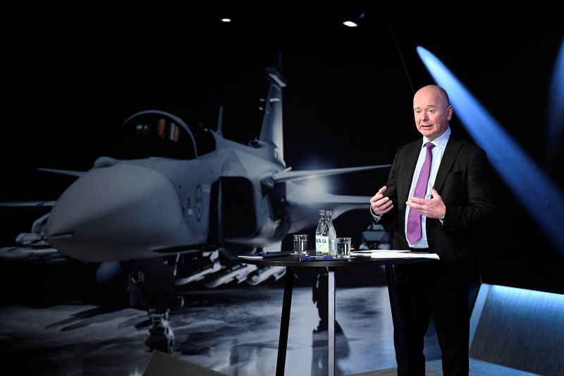 &copy; Reuters. Swedish defence and security company Saab CEO Micael Johansson during the presentation of Saab's interim report, in Stockholm, Sweden February 9, 2024. Jessica Gow /TT News Agency/via REUTERS/File Photo