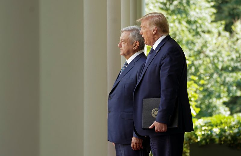 &copy; Reuters. FILE PHOTO: U.S. President Donald Trump leads Mexico's President Andres Manuel Lopez Obrador down the West Wing colonnade to a signing ceremony in the Rose Garden at the White House in Washington, U.S., July 8, 2020. REUTERS/Kevin Lamarque/File Photo