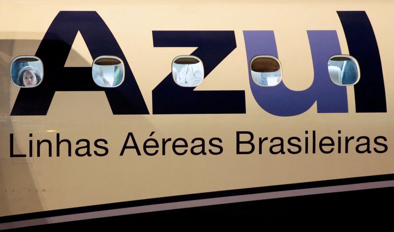 &copy; Reuters. FILE PHOTO: A logo of Azul Brazilian Airlines is seen on a plane at International Airport in Guarulhos, Brazil July 11, 2018. REUTERS/Leonardo Benassatto/File Photo