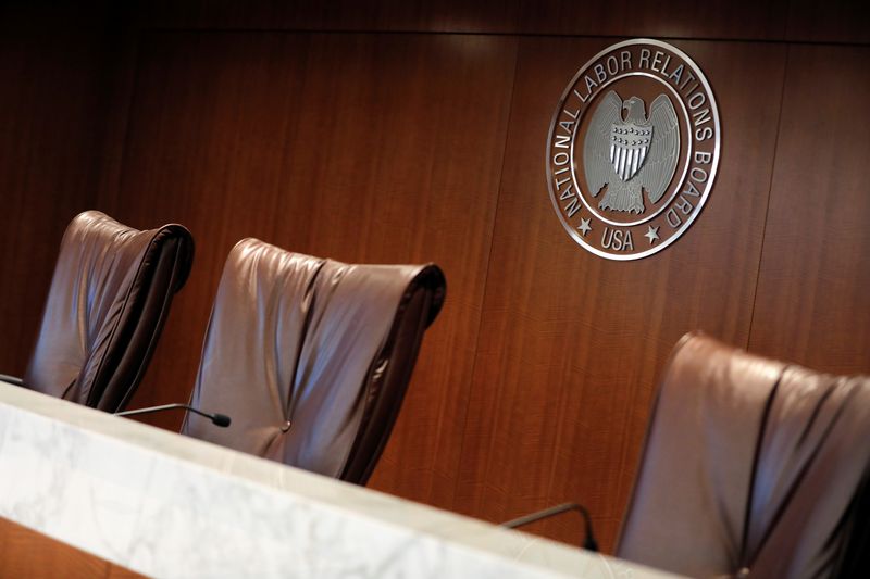 &copy; Reuters. FILE PHOTO: The seal of the National Labor Relations Board (NLRB) is seen at their headquarters in Washington, D.C., U.S., May 14, 2021. REUTERS/Andrew Kelly