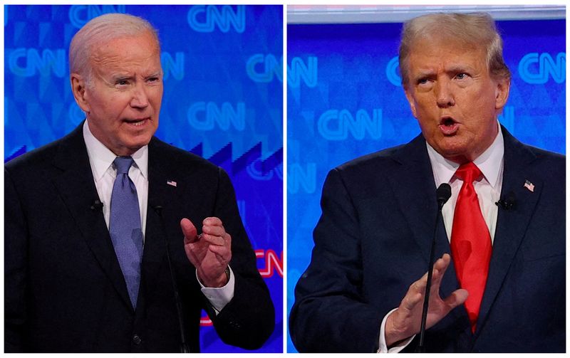 &copy; Reuters. FILE PHOTO: Democratic Party presidential candidate U.S. President Joe Biden and Republican presidential candidate former U.S. President Donald Trump speak during a presidential debate in Atlanta, Georgia, U.S., June 27, 2024 in a combination photo. REUTE