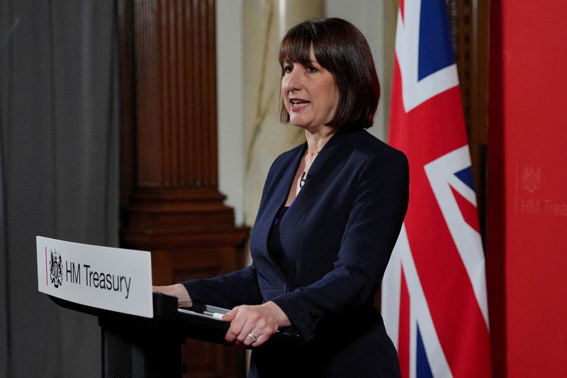 © Reuters. FILE PHOTO: Chancellor of the Exchequer Rachel Reeves gives a speech at the Treasury in London, Britain, to an audience of leading business figures and senior stakeholders, announcing the first steps the new Government will be taking to deliver economic growth. Picture date: Monday, July 8, 2024. Jonathan Brady/Pool via REUTERS/File Photo