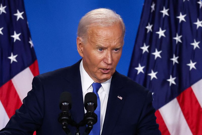 © Reuters. FILE PHOTO: U.S. President Joe Biden speaks at a press conference during NATO's 75th anniversary summit, in Washington, U.S., July 11, 2024. REUTERS/Yves Herman/File Photo