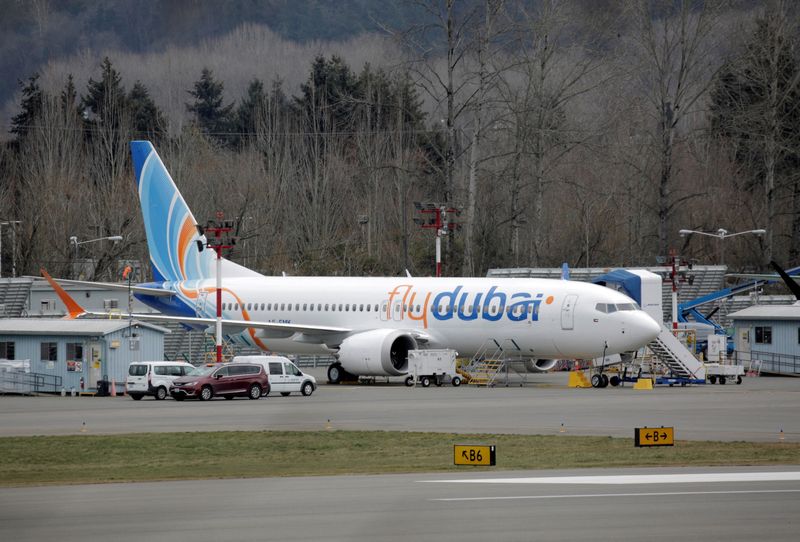 &copy; Reuters. FILE PHOTO: A Boeing 737 MAX aircraft bearing the logo of flydubai is parked at a Boeing production facility in Renton, Washington, U.S. March 11, 2019. REUTERS/David Ryder/File Photo