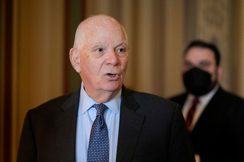 © Reuters. FILE PHOTO: U.S. Senator Ben Cardin (D-MD) speaks to reporters before assuming the chairmanship of the Senate Foreign Relations Committee on Capitol Hill in Washington, U.S., September 28, 2023. REUTERS/Craig Hudson/File Photo