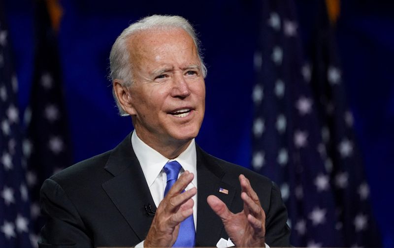 &copy; Reuters. FILE PHOTO: Former U.S. Vice President Joe Biden accepts the 2020 Democratic presidential nomination during a speech delivered for the largely virtual 2020 Democratic National Convention from the Chase Center in Wilmington, Delaware, U.S., August 20, 2020