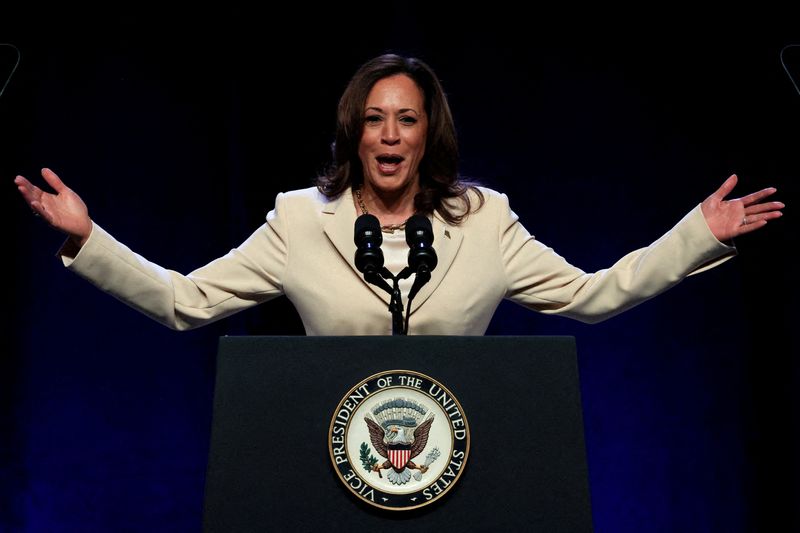 © Reuters. FILE PHOTO: U.S. Vice President Kamala Harris speaks during the Constitutional Convention of UNITE HERE, the nation’s largest hospitality workers' labor union, in New York City, U.S., June 21, 2024.  REUTERS/Brendan McDermid/File Photo