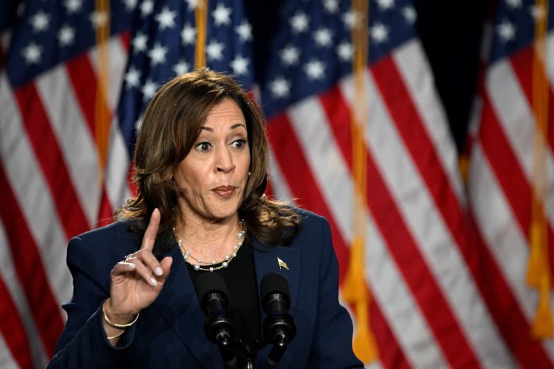 © Reuters. U.S. Vice President Kamala Harris delivers remarks during a campaign event at West Allis Central High School, in West Allis, Wisconsin, U.S., July 23, 2024. REUTERS/Vincent Alban