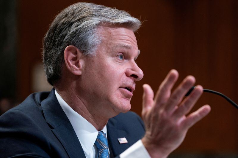 &copy; Reuters. FILE PHOTO: FBI Director Christopher Wray testifies during a Senate Appropriations Commerce, Justice, Science, and Related Agencies Subcommittee hearing on President Biden?s proposed budget request for the Federal Bureau of Investigation, on Capitol Hill 